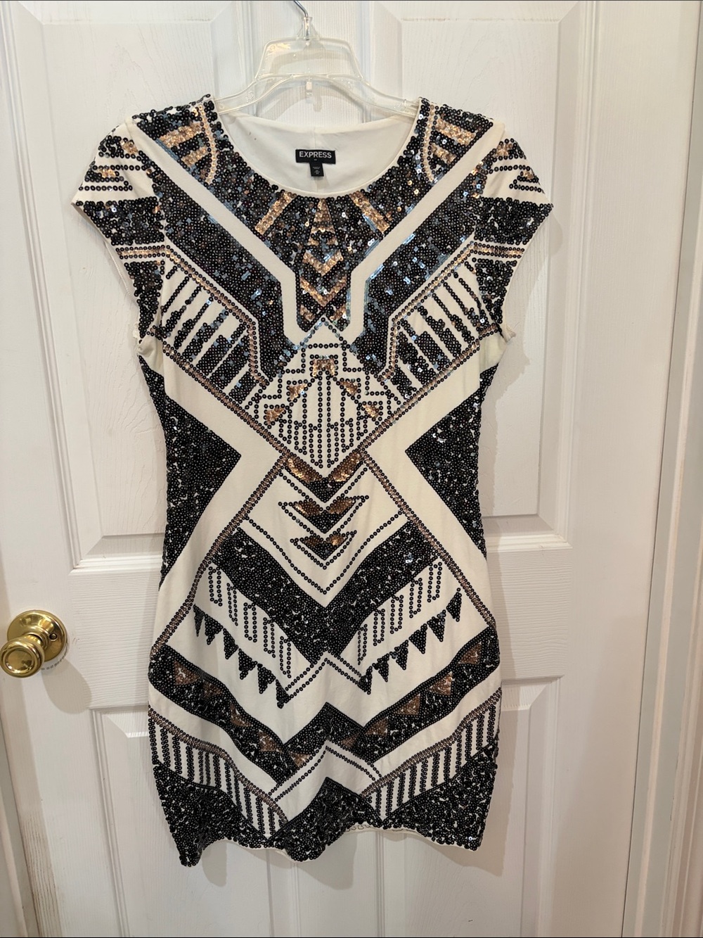 Express White Mini Dress with Black and Gold Sequin Geometric Design